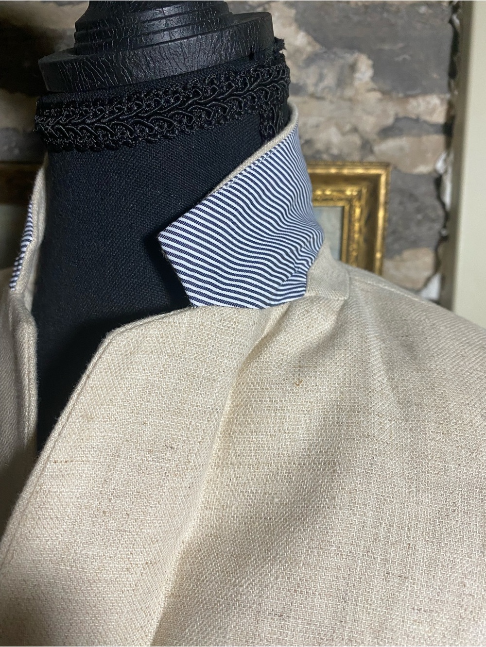 British Khaki Cream Linen-Blend Single-Button Blazer with Blue Stripe Accents S - Picture 2 of 10